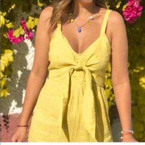 ZARA women’s yellow sun embroidered linen jumpsuit sleeveless smocked back small